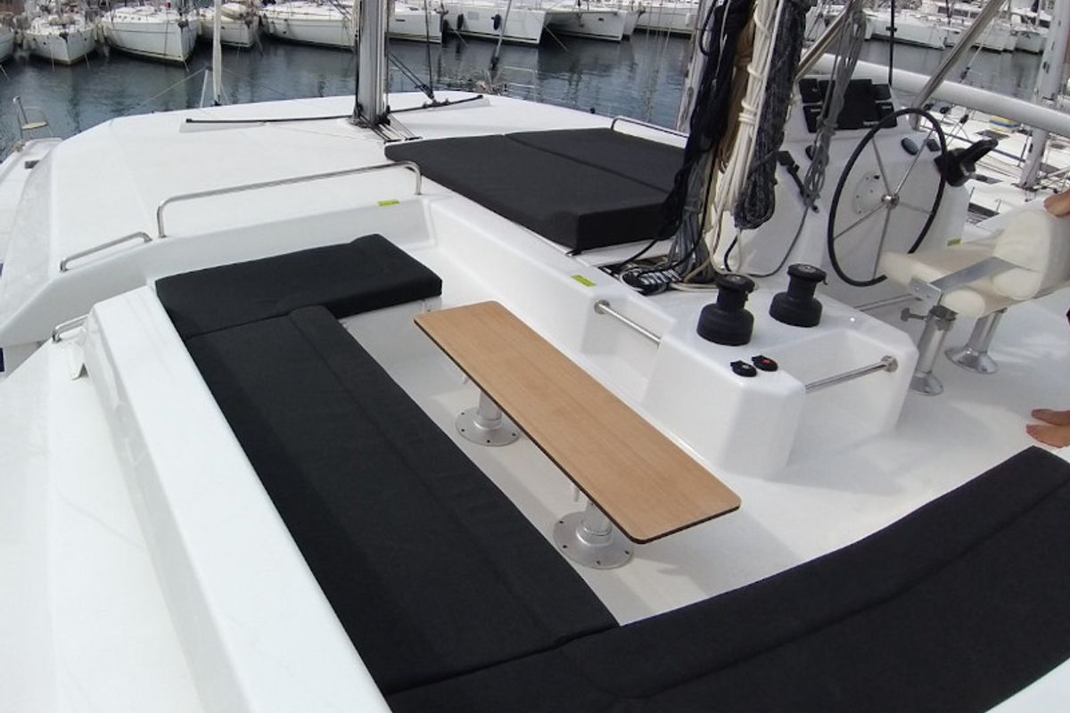 Deck of Albertina II, a Dufour Catamaran 48 catamaran at Athens, Greece