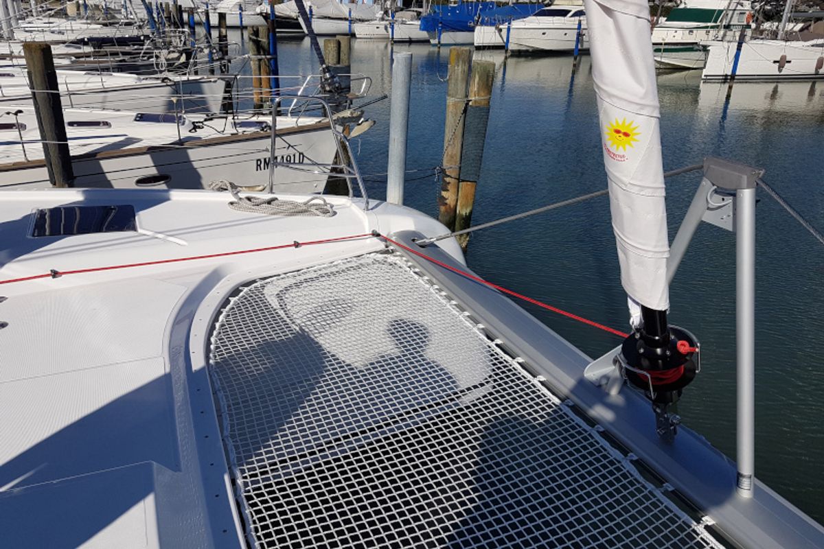 Deck of Albertina II, a Dufour Catamaran 48 catamaran at Athens, Greece