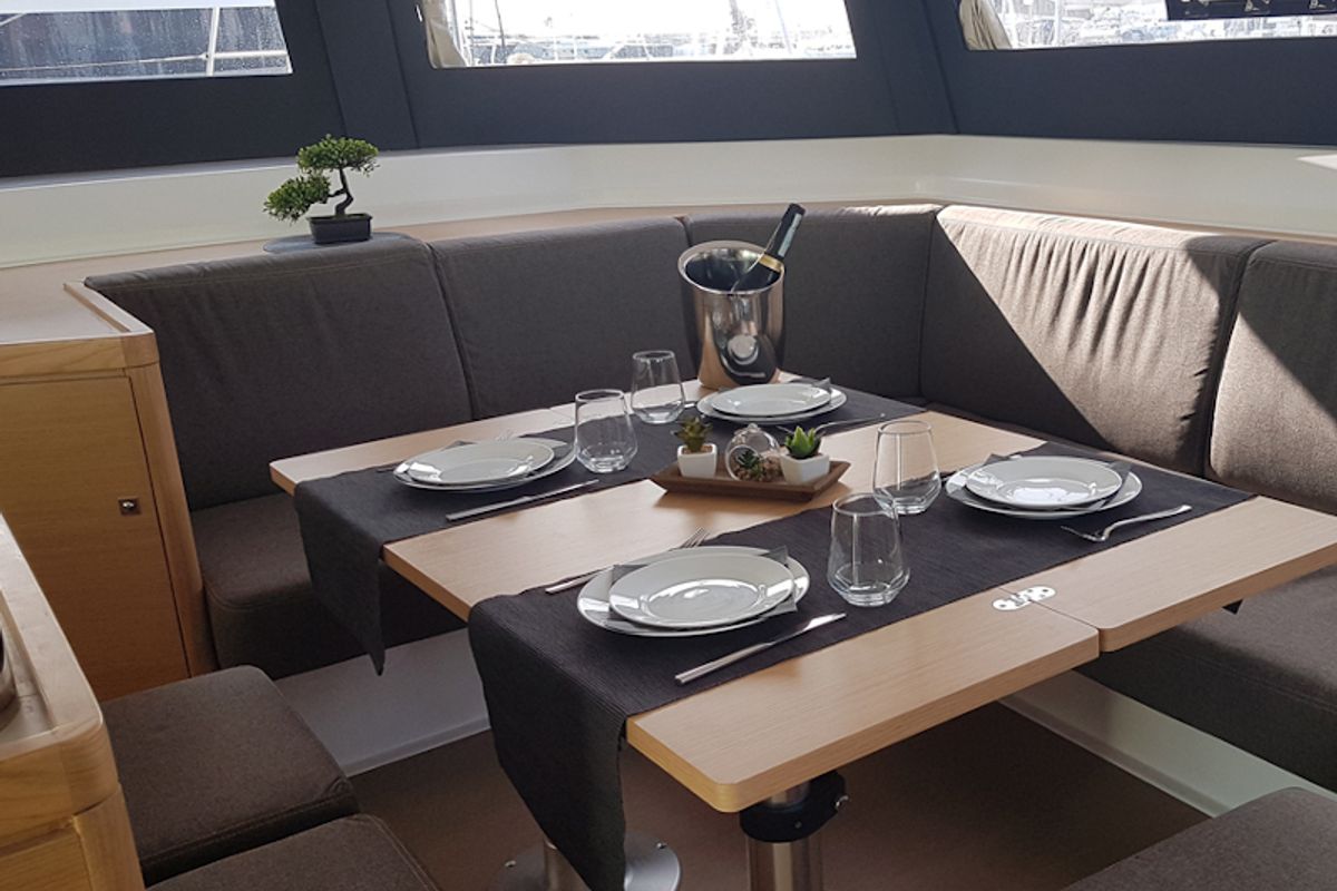 Salon of Albertina II, a Dufour Catamaran 48 catamaran at Athens, Greece