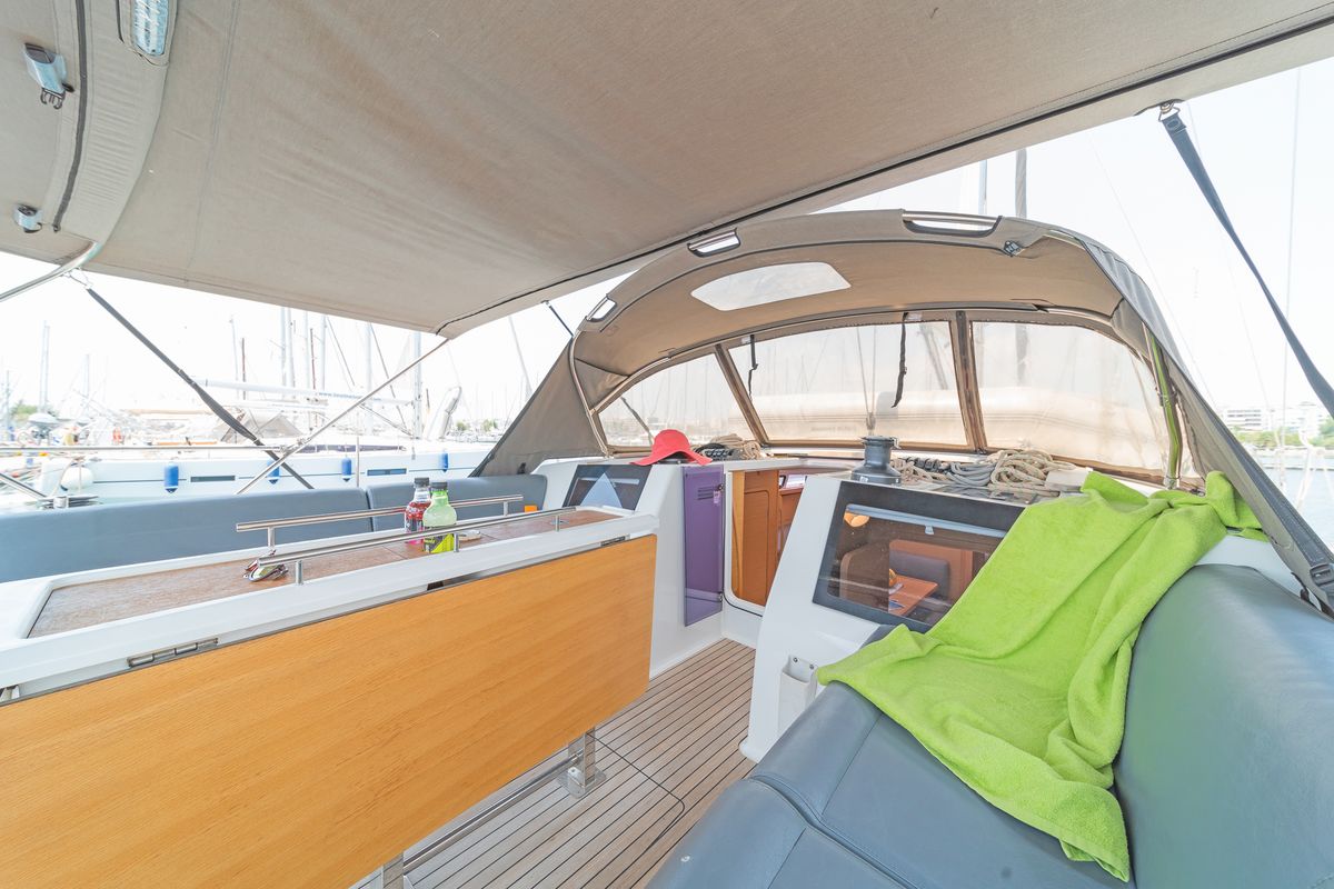 Cockpit of Dream Weaver, a Dufour 460 Grand Large sailboat at Municipal Unit of Lefkada, Greece