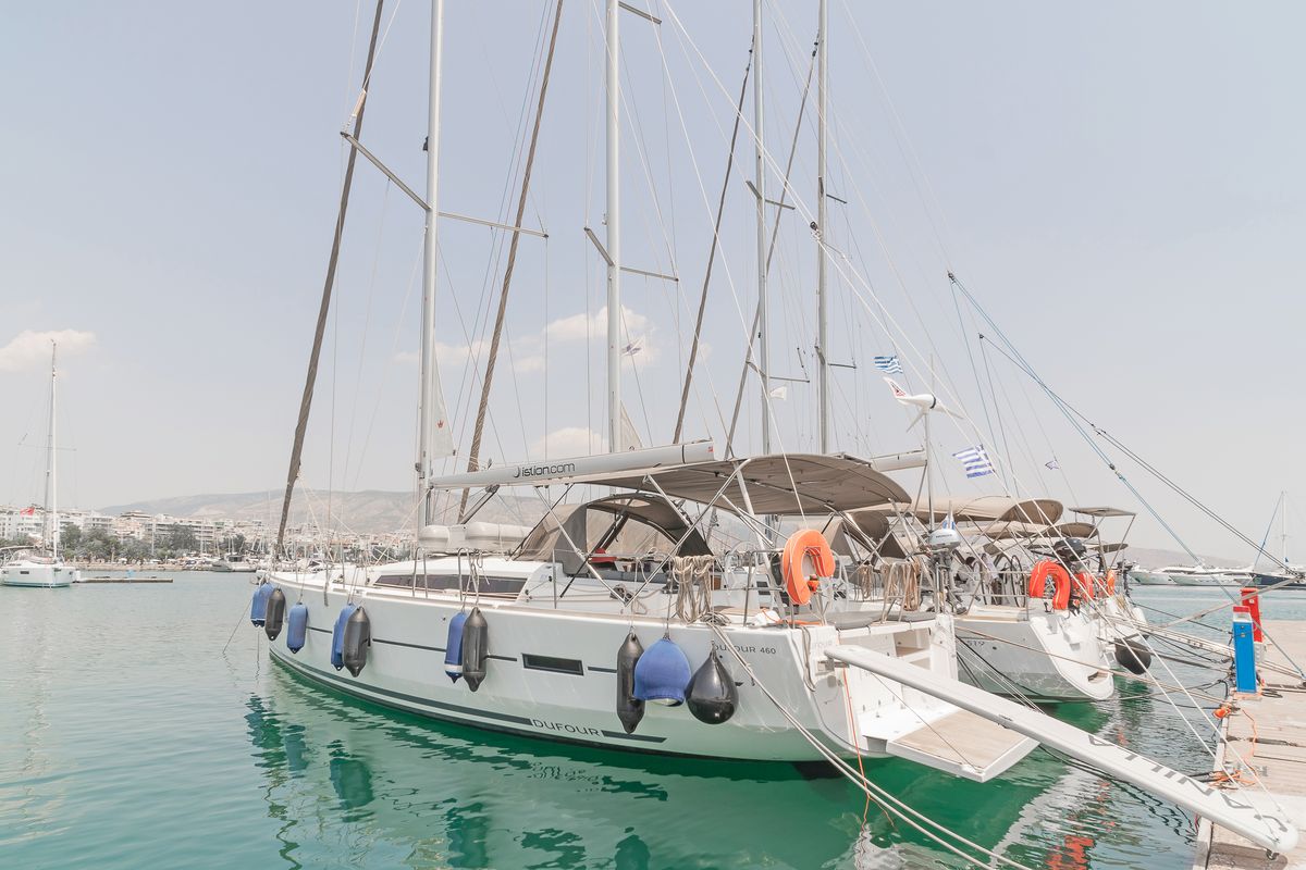 Exterior view of Dream Weaver, a Dufour 460 Grand Large sailboat at Municipal Unit of Lefkada, Greece