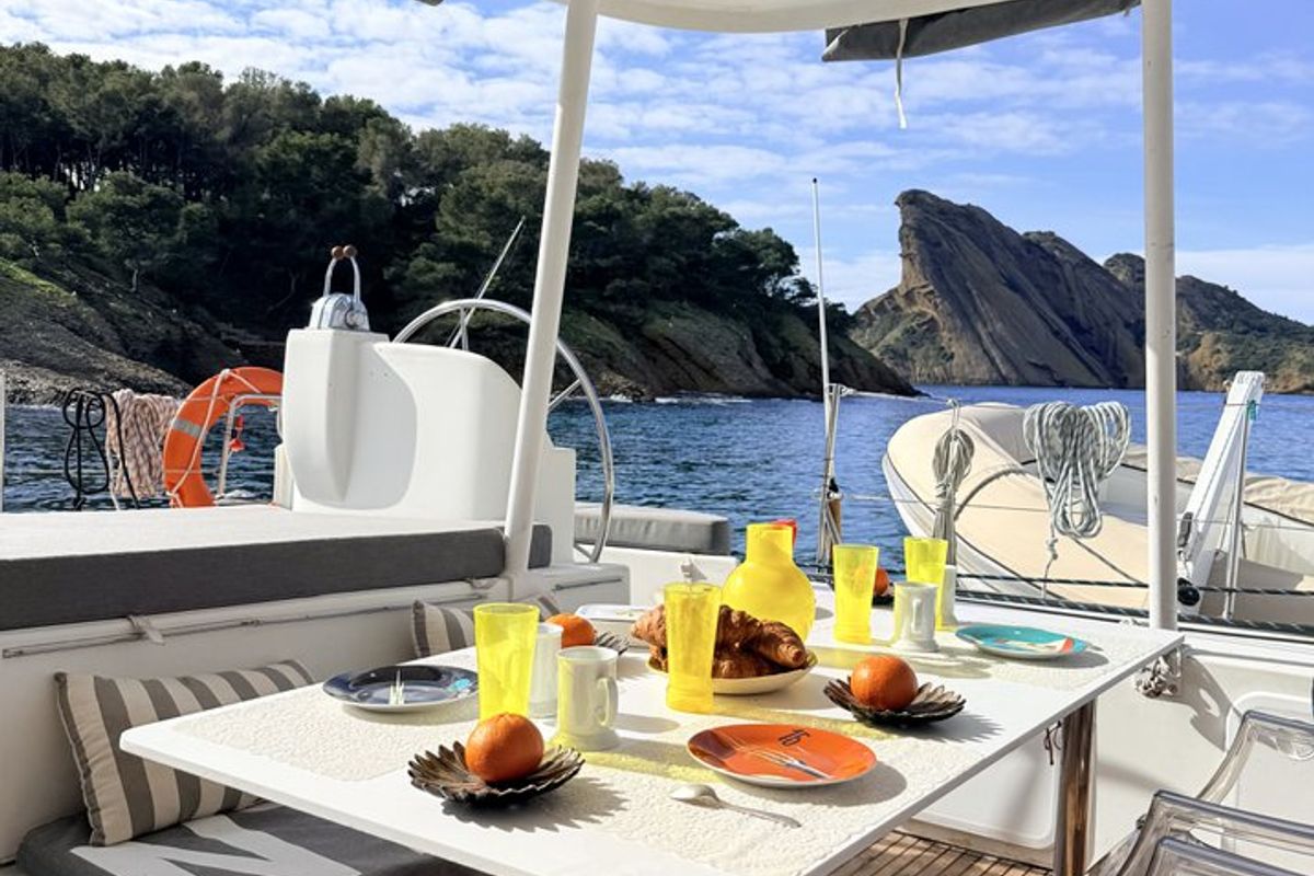 Deck of Sabine, a Lagoon 570 catamaran at La Ciotat, France