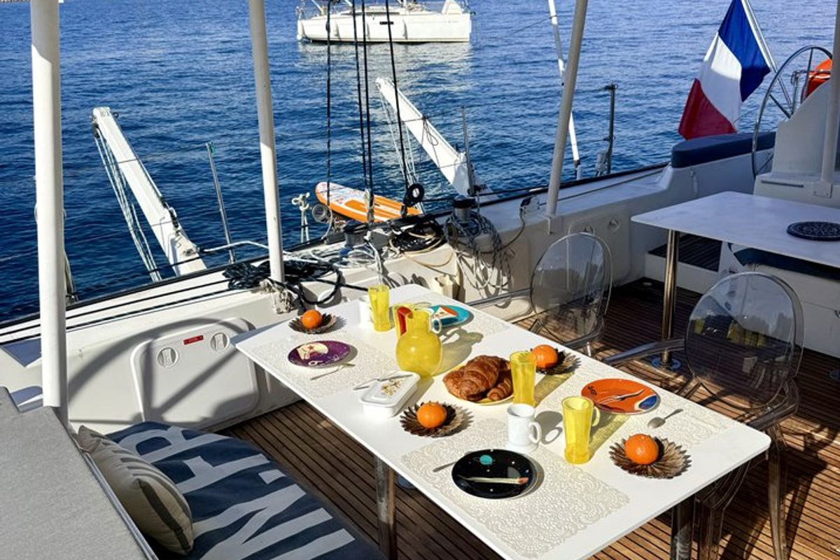 Deck of Sabine, a Lagoon 570 catamaran at La Ciotat, France