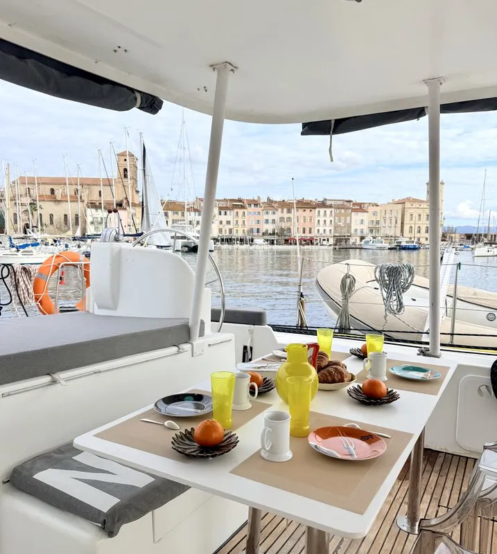 Deck of Sabine, a Lagoon 570 catamaran at La Ciotat, France