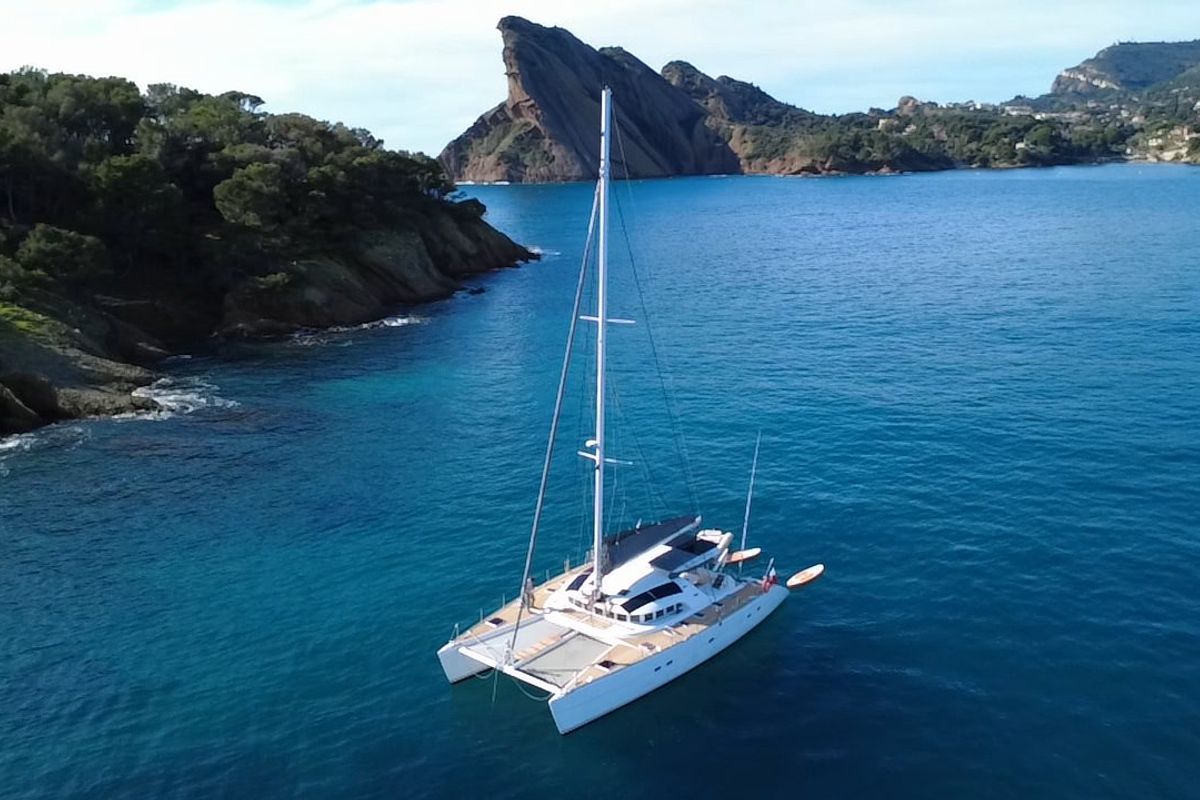 Exterior view of Sabine, a Lagoon 570 catamaran at La Ciotat, France