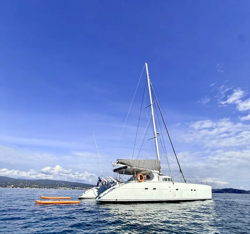 Exterior view of Sabine, a Lagoon 570 catamaran at La Ciotat, France