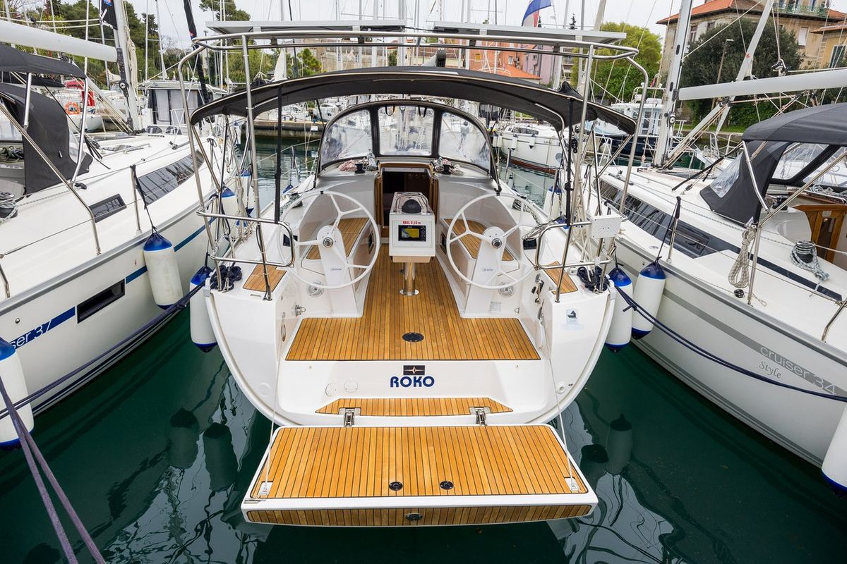 Exterior view of Roko, a Bavaria Cruiser 34 Style sailboat at Zadar, Croatia