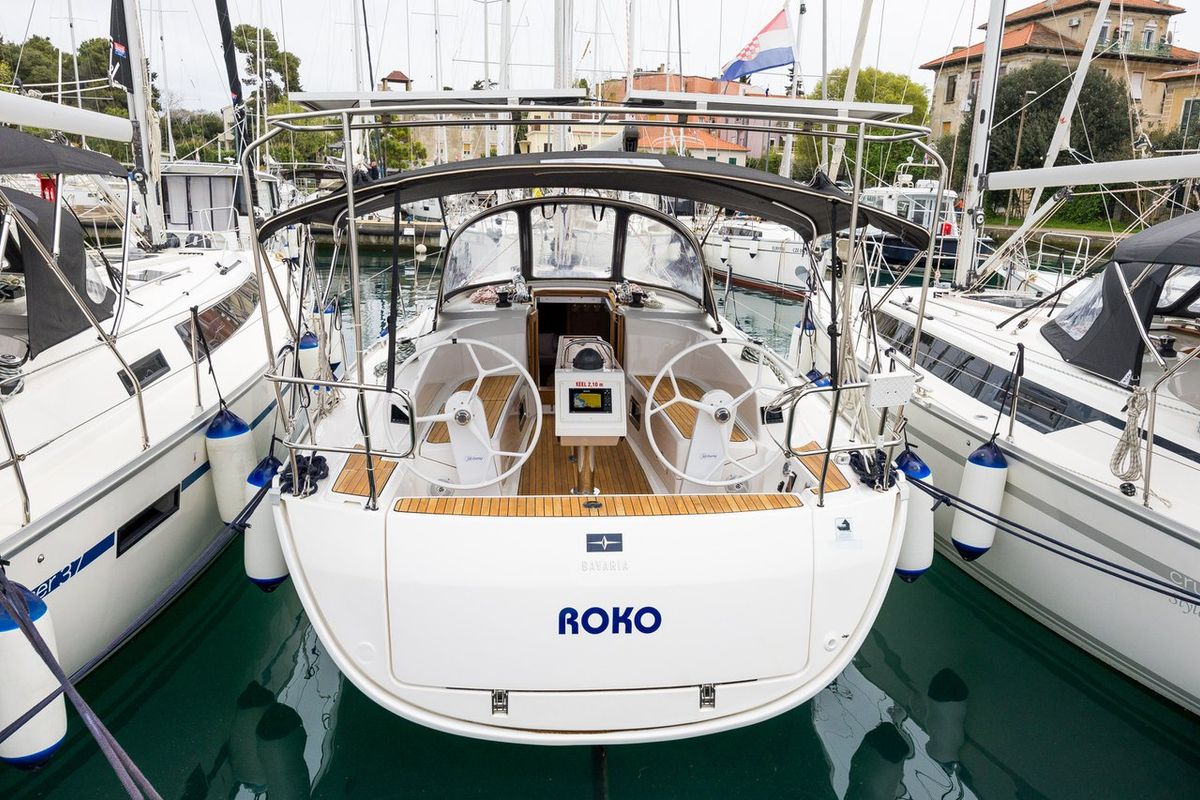 Exterior view of Roko, a Bavaria Cruiser 34 Style sailboat at Zadar, Croatia