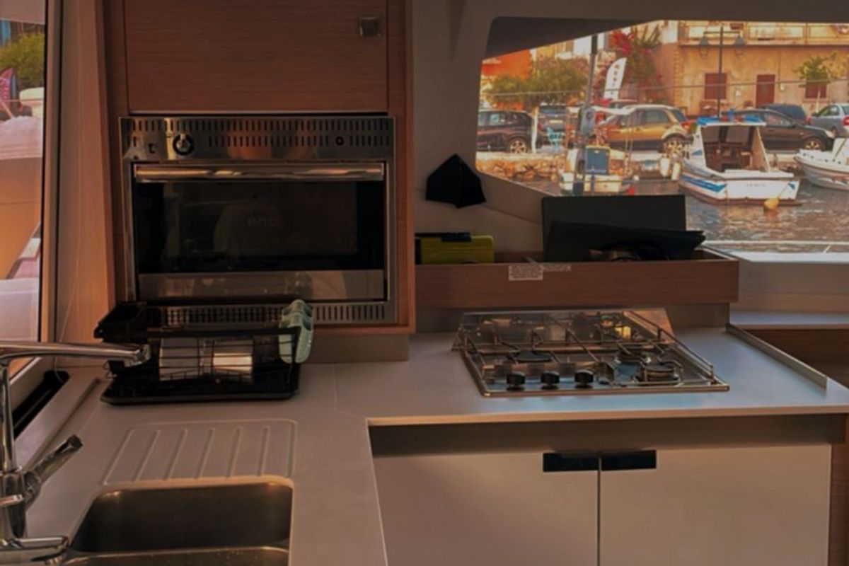 Galley of Kebitree, a Fountaine Pajot Isla 40 catamaran at Municipal Unit of Palairos, Greece