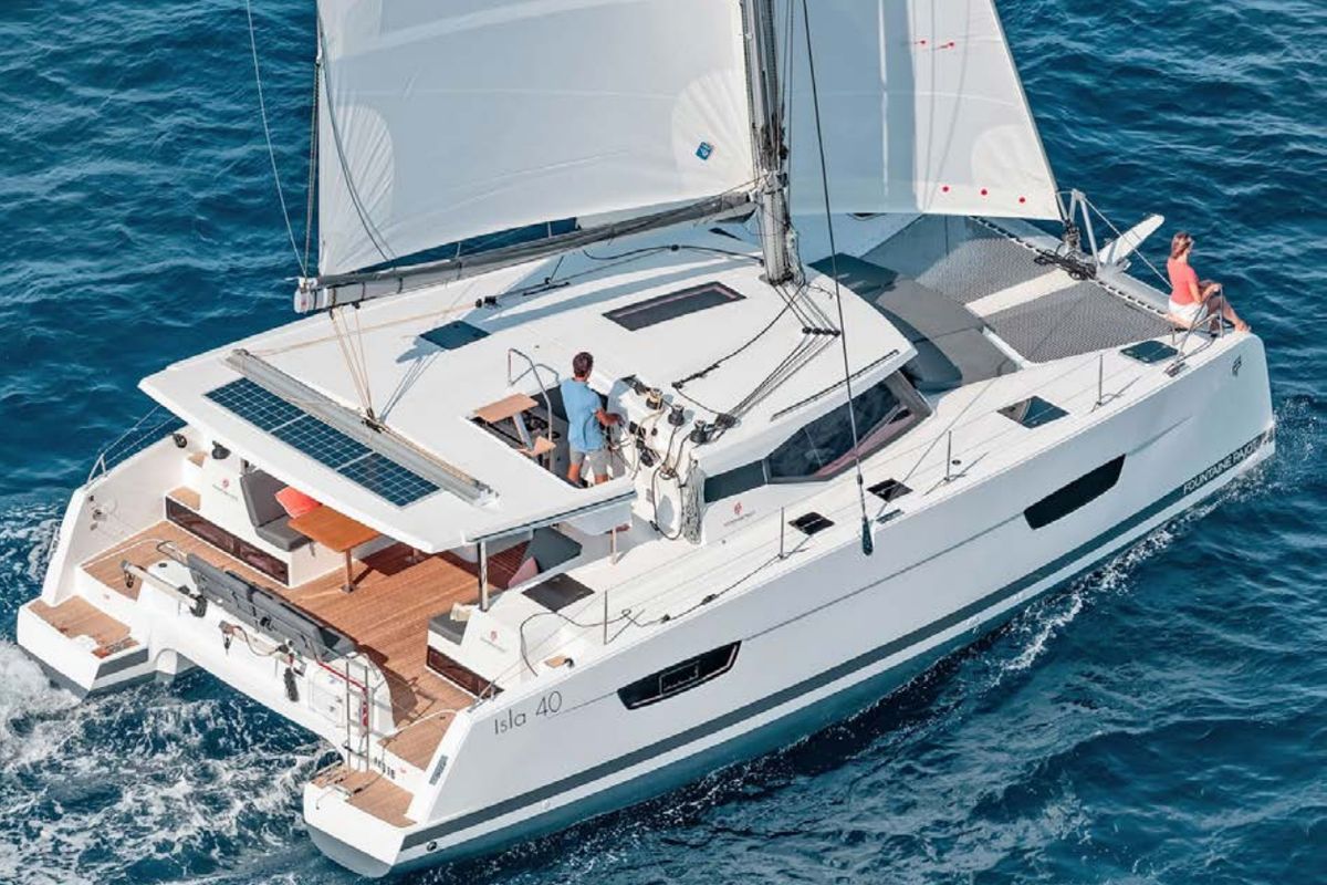 Exterior view of Kebitree, a Fountaine Pajot Isla 40 catamaran at Municipal Unit of Palairos, Greece