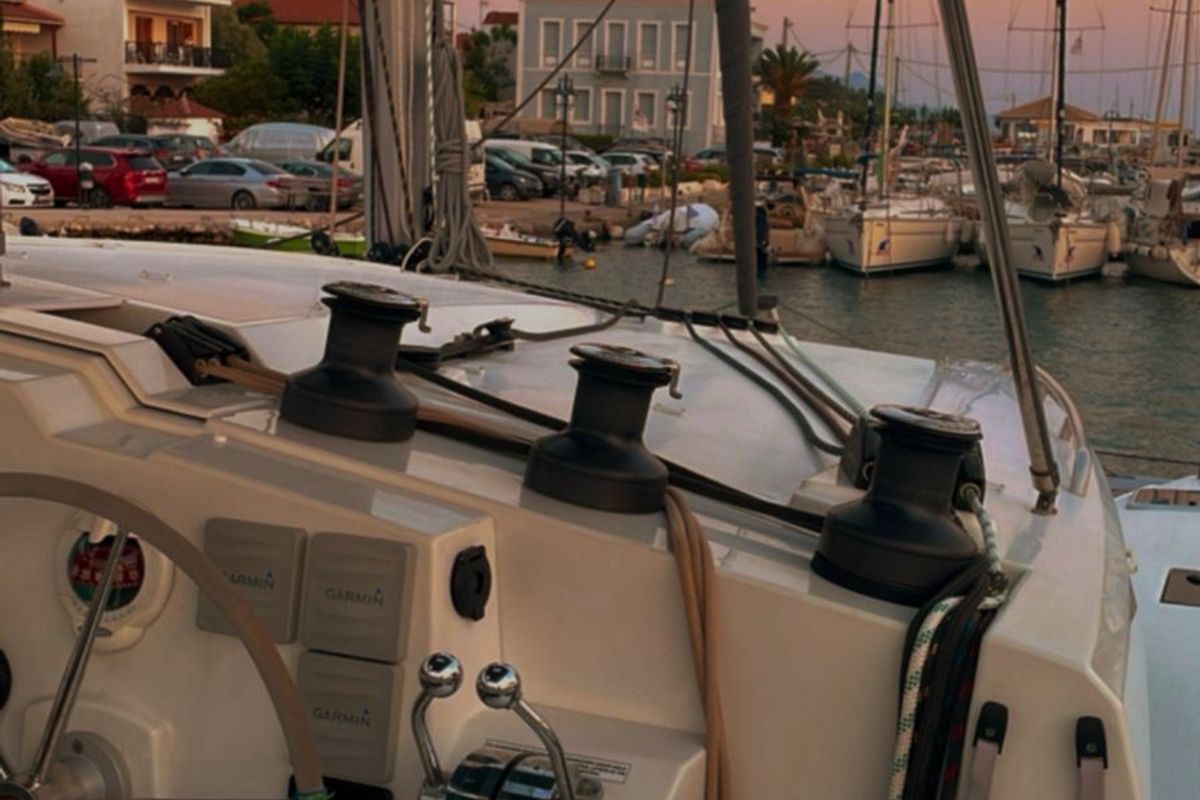Cockpit of Kebitree, a Fountaine Pajot Isla 40 catamaran at Municipal Unit of Palairos, Greece
