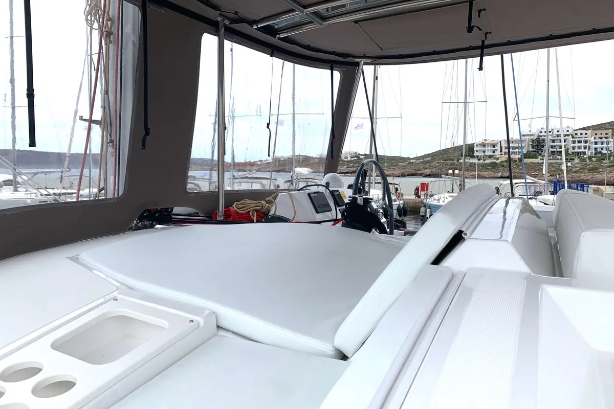 Deck of Micha, a Bali 4.1 - 4 + 2 cab.* catamaran at Lavreotiki Municipal Unit, Greece