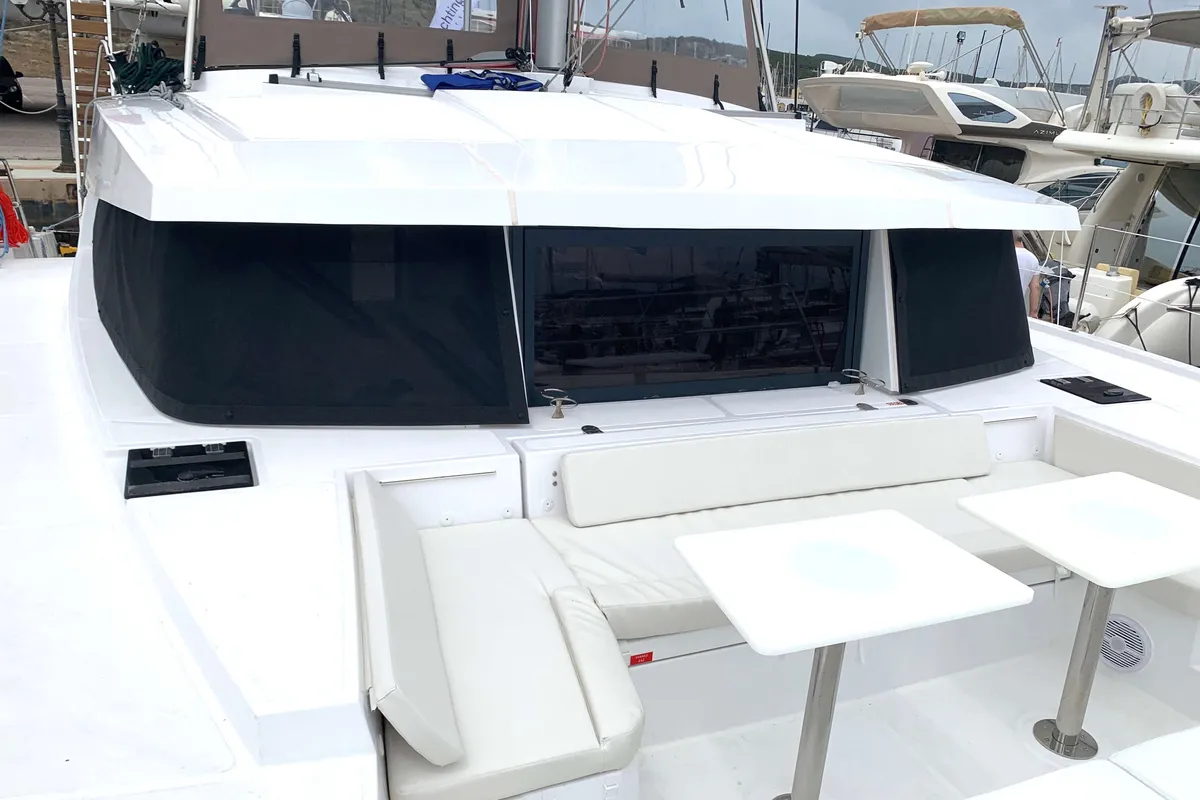 Deck of Micha, a Bali 4.1 - 4 + 2 cab.* catamaran at Lavreotiki Municipal Unit, Greece