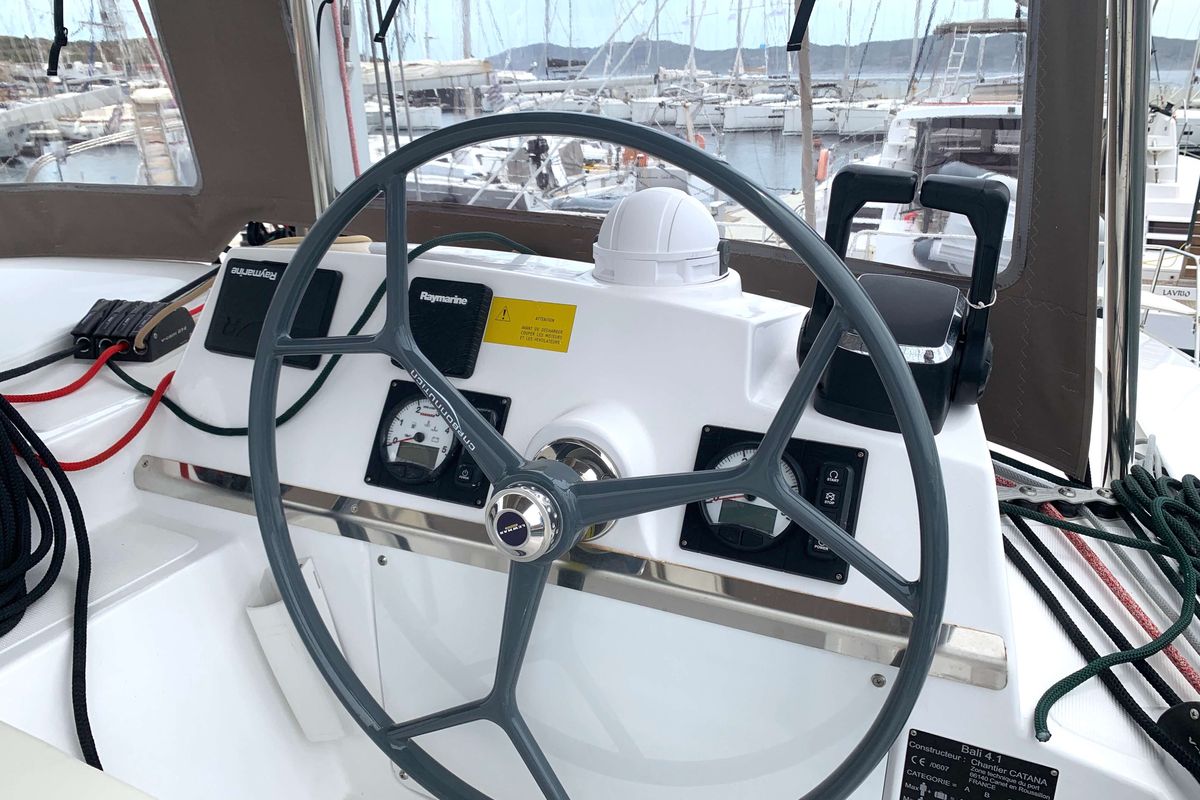 Cockpit of Micha, a Bali 4.1 - 4 + 2 cab.* catamaran at Lavreotiki Municipal Unit, Greece