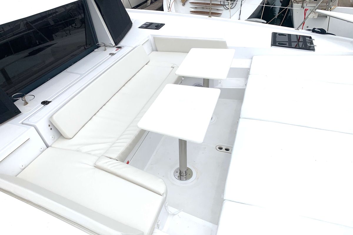 Deck of Micha, a Bali 4.1 - 4 + 2 cab.* catamaran at Lavreotiki Municipal Unit, Greece