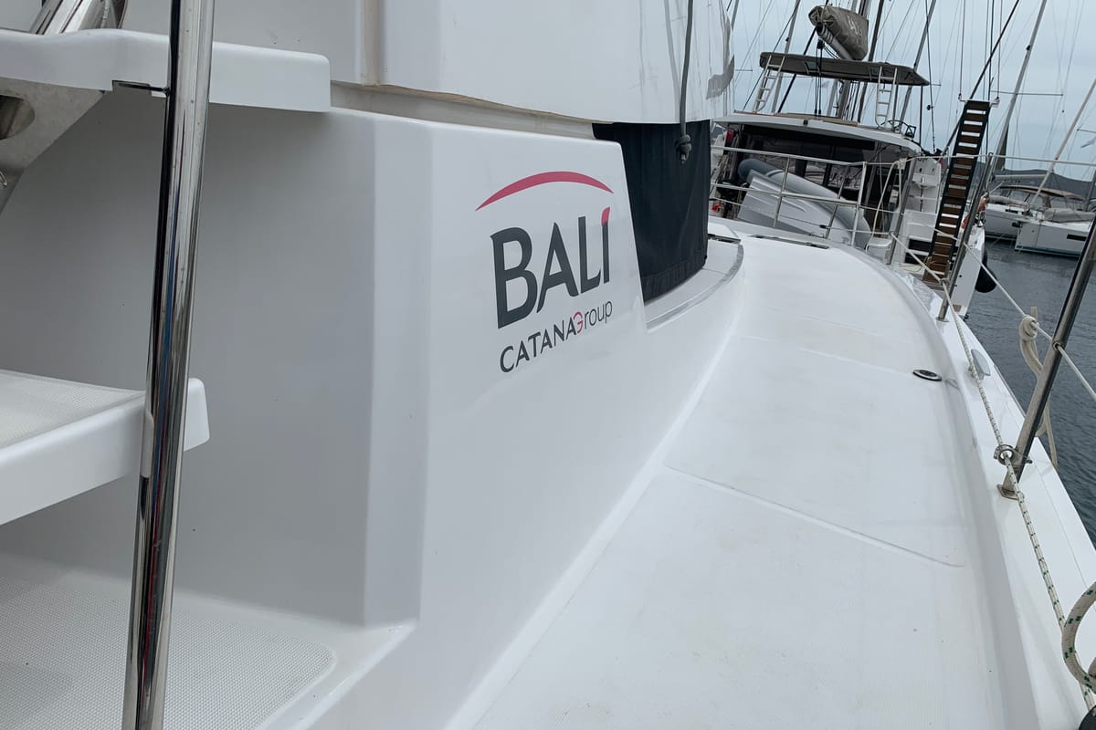 Deck of Micha, a Bali 4.1 - 4 + 2 cab.* catamaran at Lavreotiki Municipal Unit, Greece