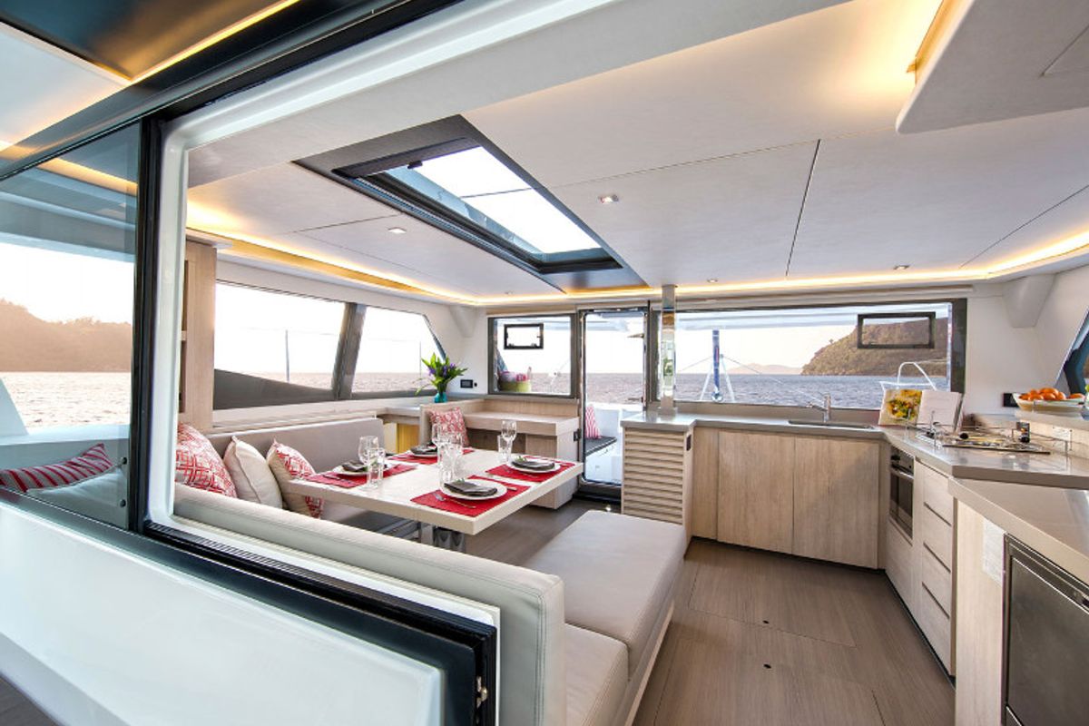 Deck of Moorings 4500L/10 Exclusive, a Leopard 45 catamaran at Piraeus, Greece