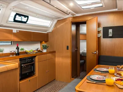 Galley of Dolce Vita, a Bavaria Cruiser 46 sailboat at Gouvia, Greece