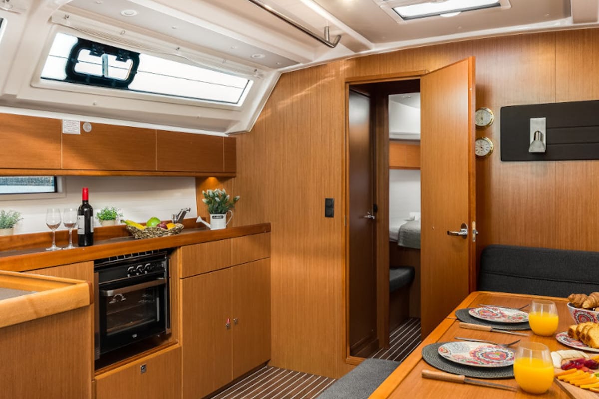 Galley of Dolce Vita, a Bavaria Cruiser 46 sailboat at Gouvia, Greece