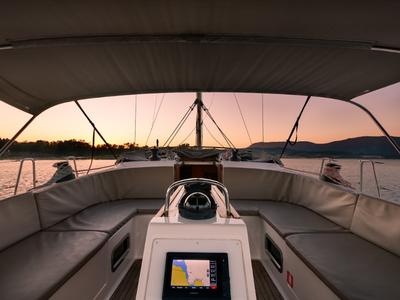 Cockpit of Dolce Vita, a Bavaria Cruiser 46 sailboat at Gouvia, Greece
