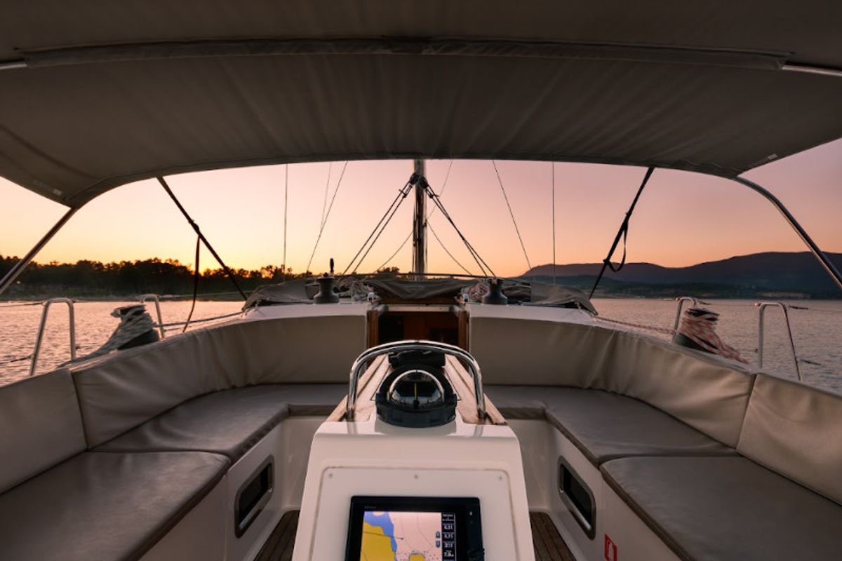 Cockpit of Dolce Vita, a Bavaria Cruiser 46 sailboat at Gouvia, Greece