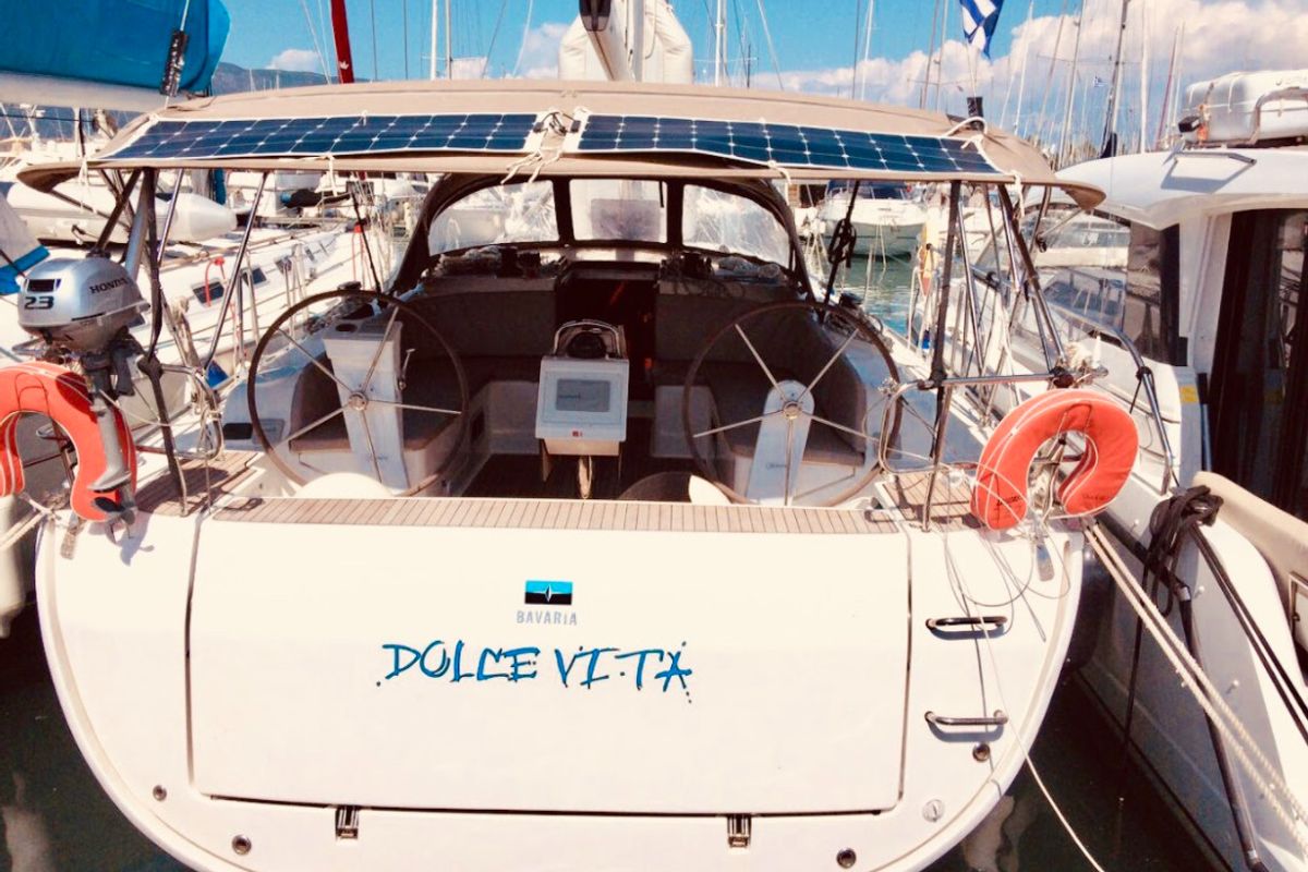 Exterior view of Dolce Vita, a Bavaria Cruiser 46 sailboat at Gouvia, Greece