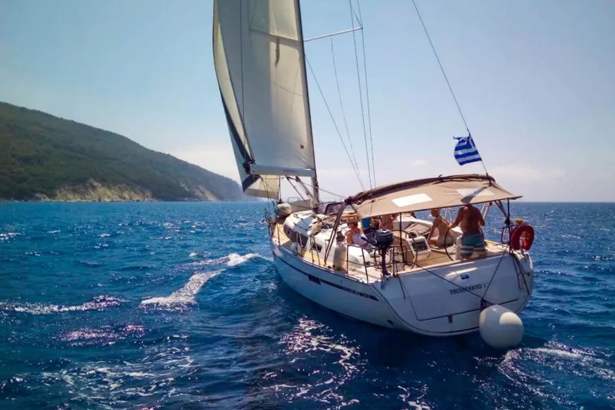 Exterior view of Thunderbird 1, a Bavaria 41 sailboat at Municipal Unit of Sikyona, Greece