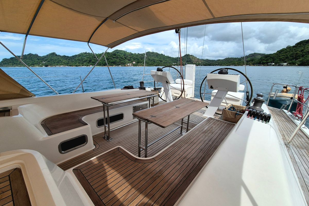 Deck of Sailing Freedom, a Hanse Yachts Hanse 630e sailboat at Puerto Lindo, Panama
