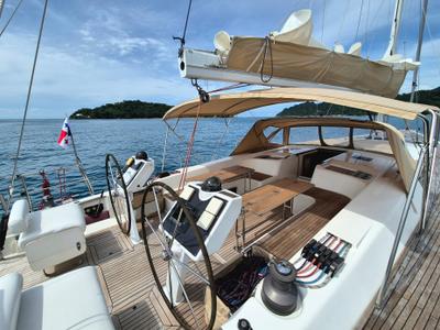 Cockpit of Sailing Freedom, a Hanse Yachts Hanse 630e sailboat at Puerto Lindo, Panama