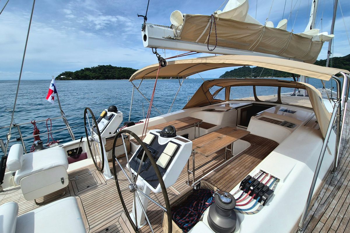 Cockpit of Sailing Freedom, a Hanse Yachts Hanse 630e sailboat at Puerto Lindo, Panama