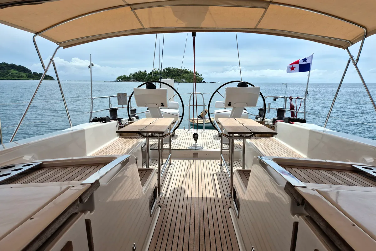 Cockpit of Sailing Freedom, a Hanse Yachts Hanse 630e sailboat at Puerto Lindo, Panama