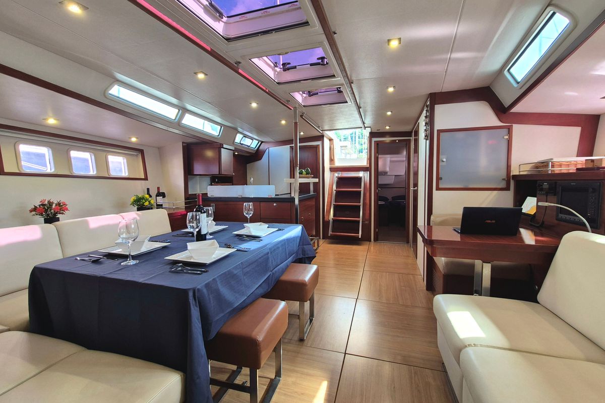Salon of Sailing Freedom, a Hanse Yachts Hanse 630e sailboat at Puerto Lindo, Panama