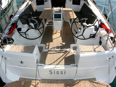 Cockpit of Sissi, a Jeanneau Sun Odyssey 389 sailboat at Punat, Croatia
