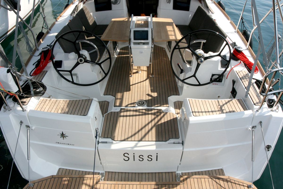 Cockpit of Sissi, a Jeanneau Sun Odyssey 389 sailboat at Punat, Croatia