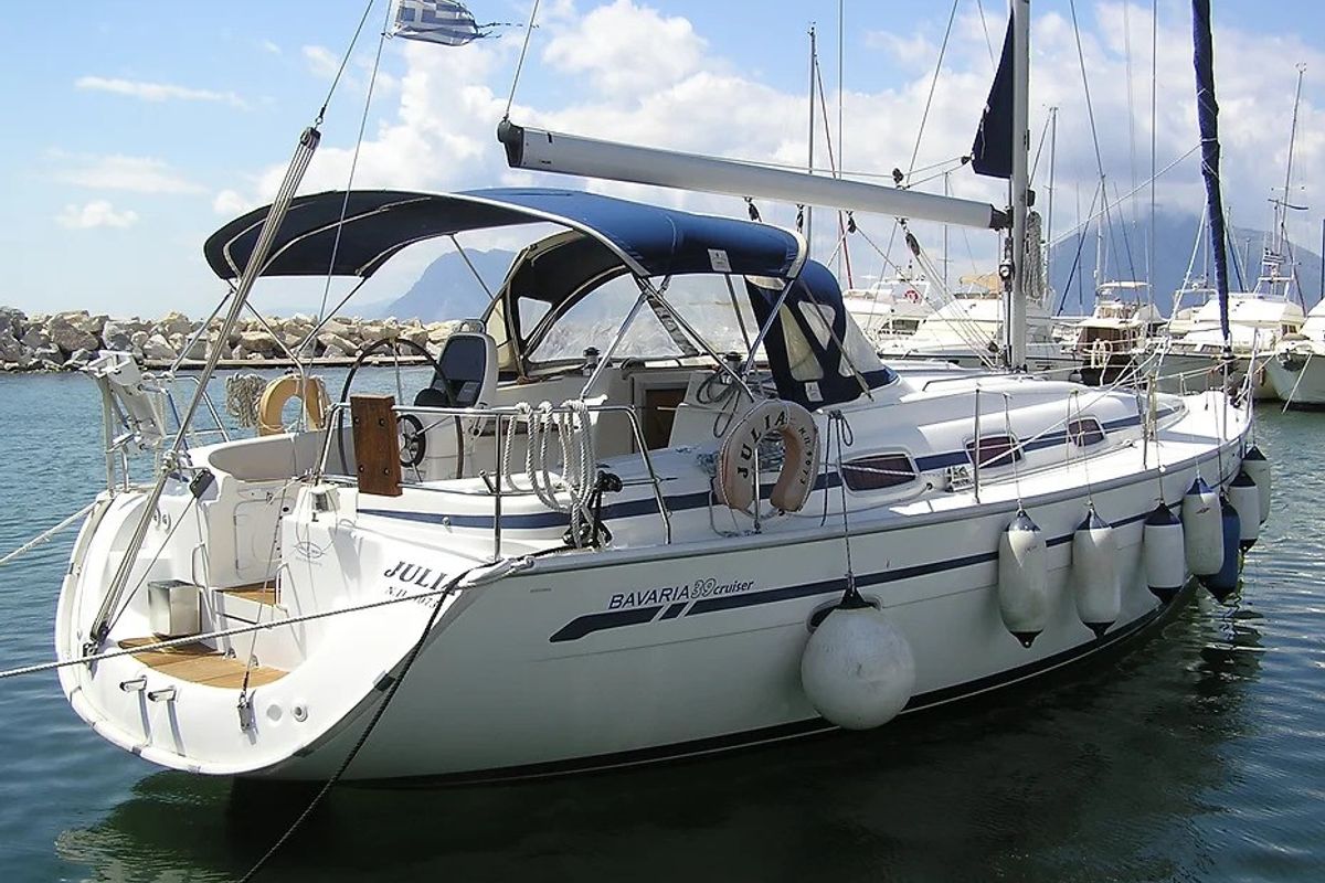 Deck of Julia, a Bavaria 39 Cruiser sailboat at Municipal Unit of Lefkada, Greece