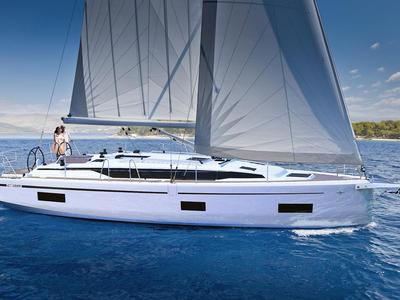 Exterior view of Tena, a Bavaria C38 Style sailboat at Murter, Croatia