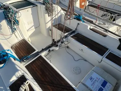 Deck of Romancie, a Beneteau First 31.7 sailboat at Port Navalo, France