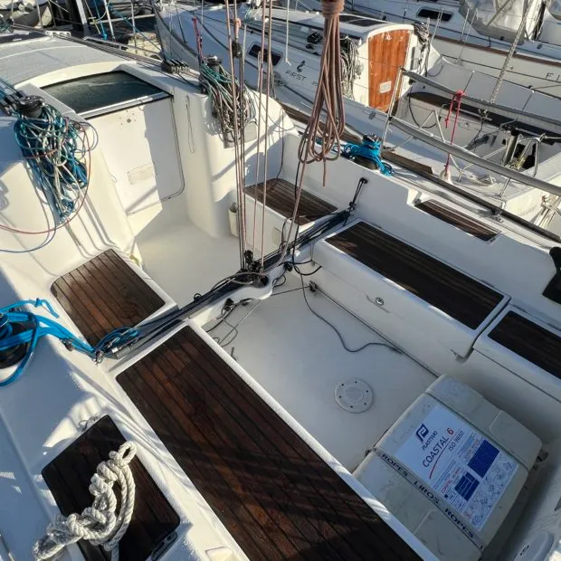 Deck of Romancie, a Beneteau First 31.7 sailboat at Port Navalo, France