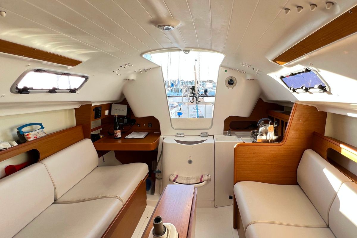 Salon of Romancie, a Beneteau First 31.7 sailboat at Port Navalo, France