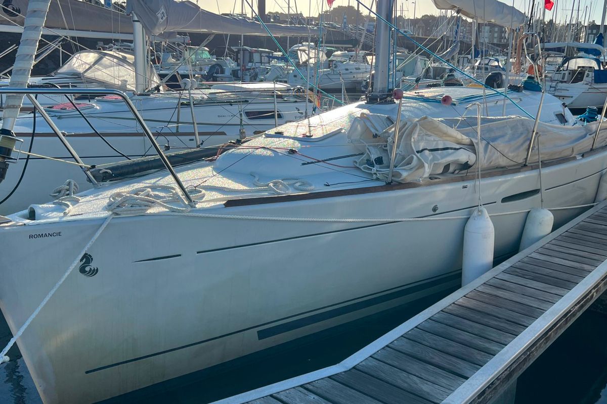 Exterior view of Romancie, a Beneteau First 31.7 sailboat at Port Navalo, France