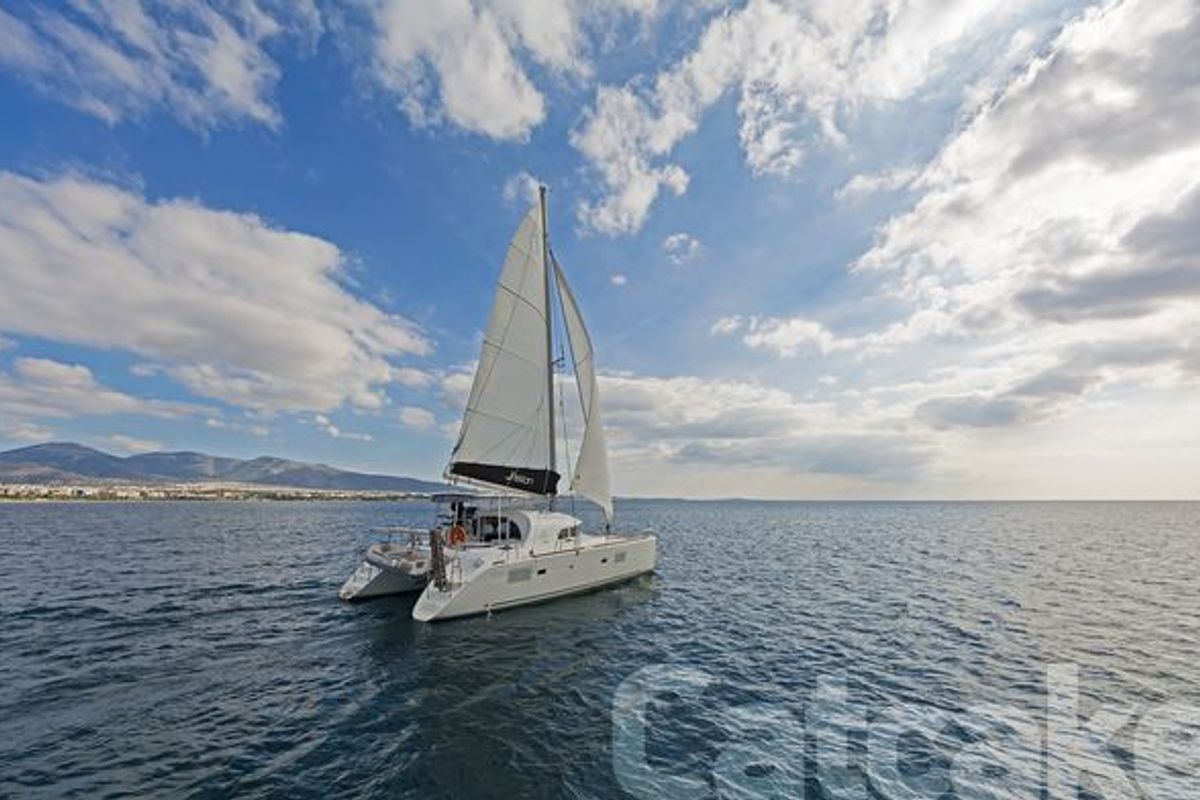 Exterior view of Catcake, a Lagoon 380 S2 catamaran at Municipal Unit of Lefkada, Greece
