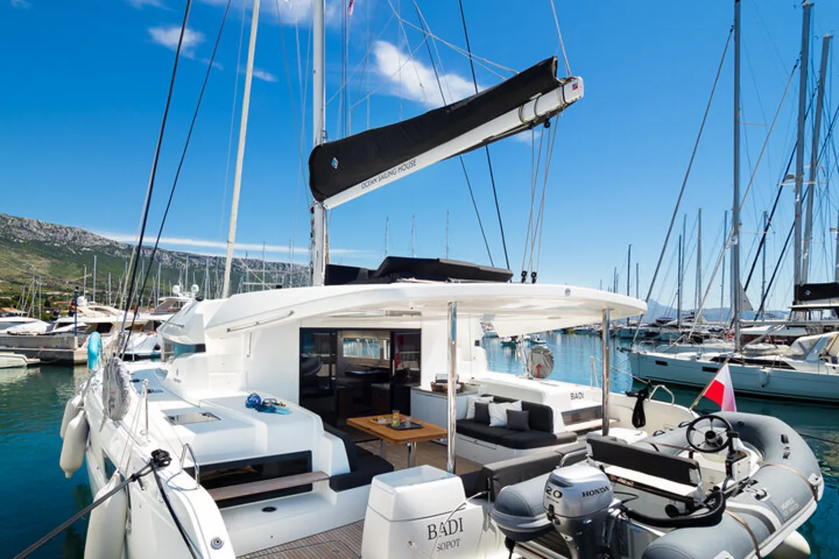 Exterior view of Badi, a Lagoon 50 catamaran at Grad Kaštela, Croatia