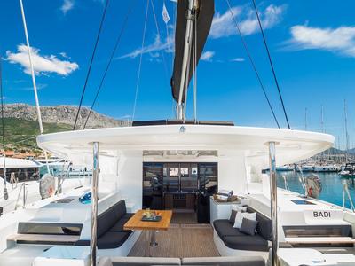 Deck of Badi, a Lagoon 50 catamaran at Grad Kaštela, Croatia