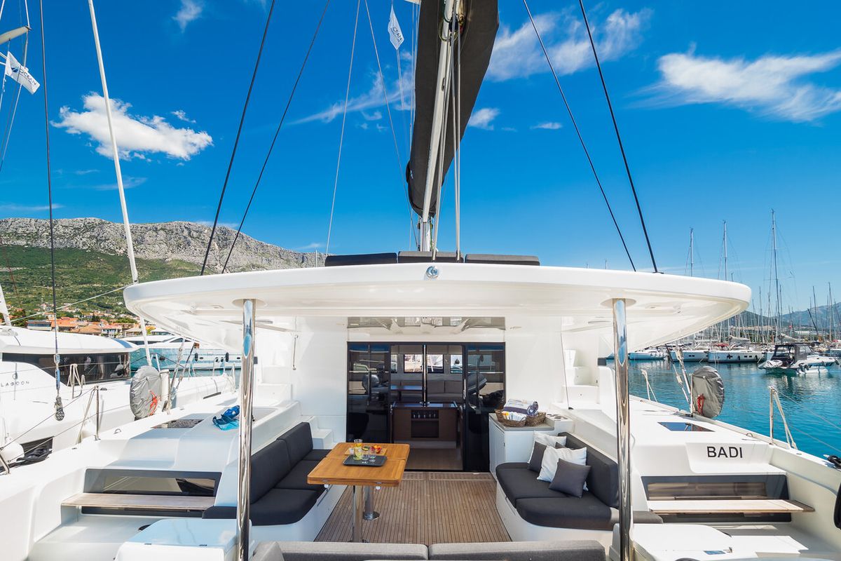 Deck of Badi, a Lagoon 50 catamaran at Grad Kaštela, Croatia