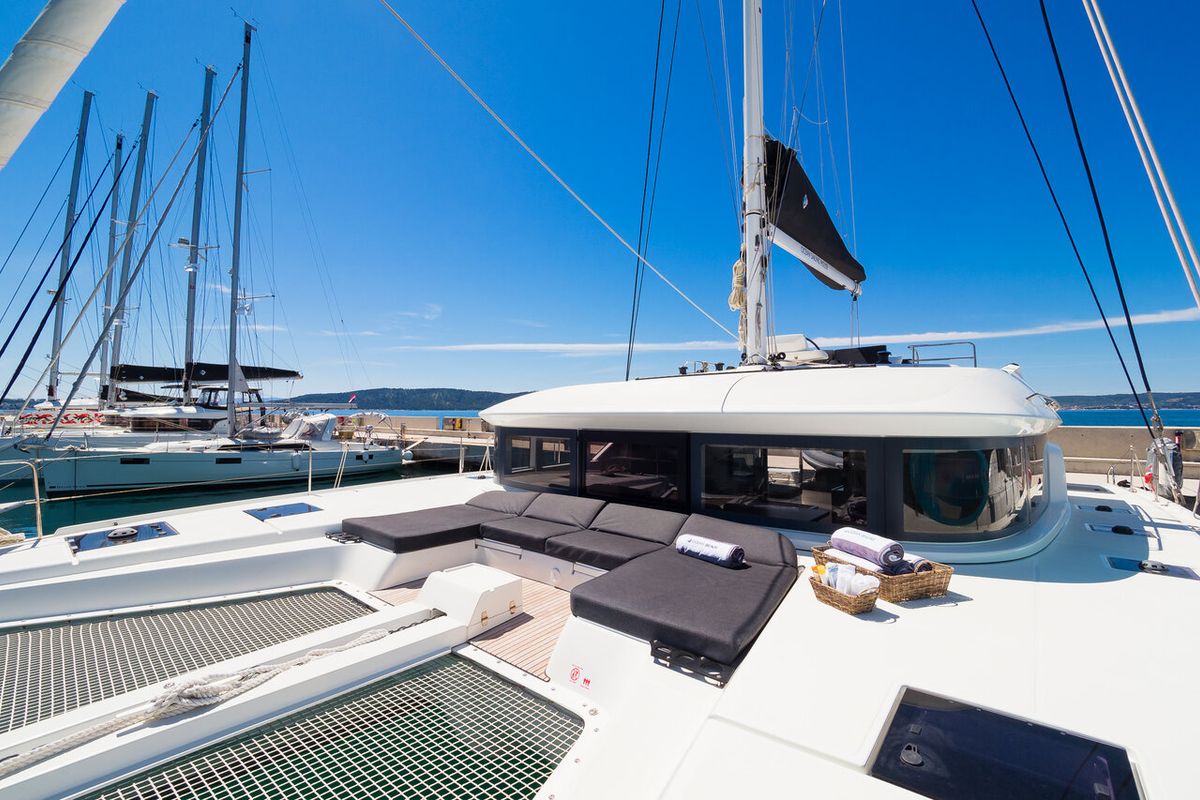 Deck of Badi, a Lagoon 50 catamaran at Grad Kaštela, Croatia