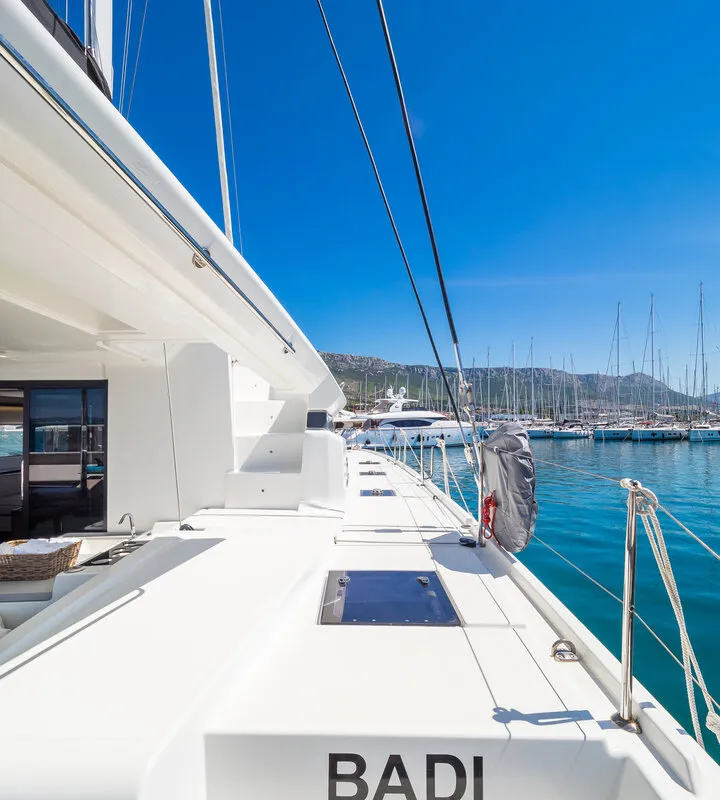 Deck of Badi, a Lagoon 50 catamaran at Grad Kaštela, Croatia