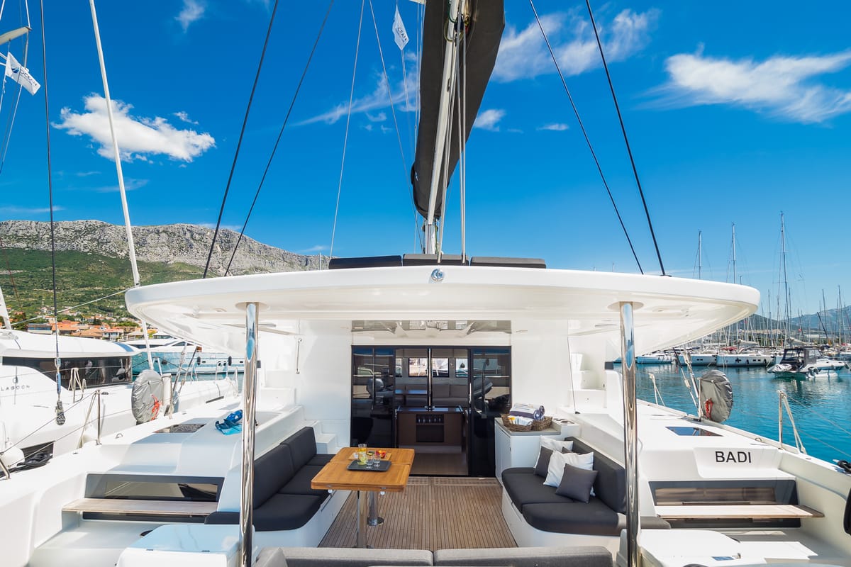 Deck of Badi, a Lagoon 50 catamaran at Grad Kaštela, Croatia