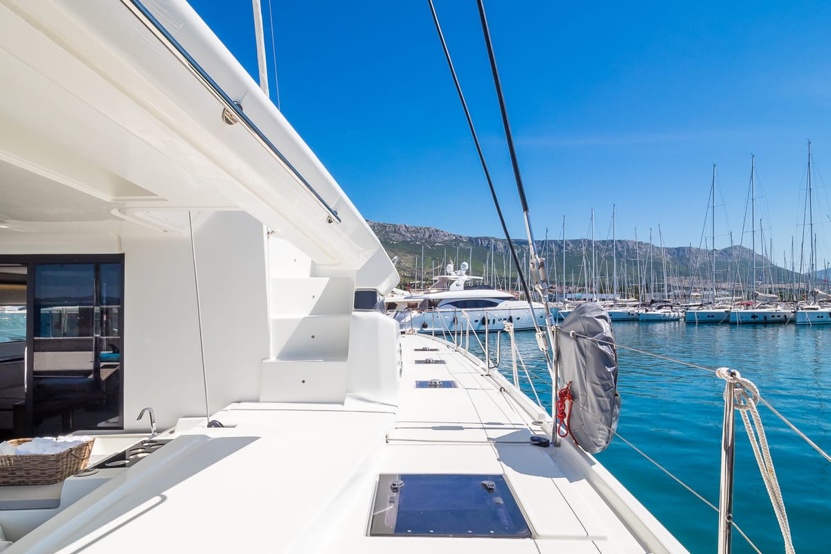 Badi, a Lagoon 50 catamaran at Grad Kaštela, Croatia