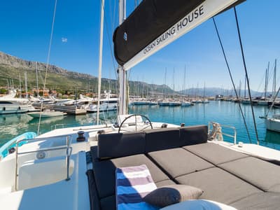 Cockpit of Badi, a Lagoon 50 catamaran at Grad Kaštela, Croatia
