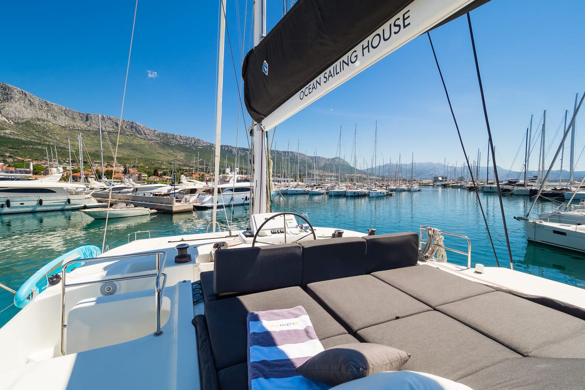 Cockpit of Badi, a Lagoon 50 catamaran at Grad Kaštela, Croatia